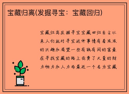 宝藏归离(发掘寻宝：宝藏回归)